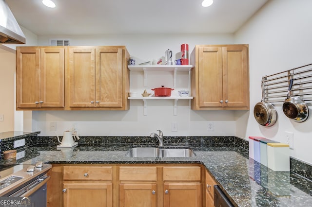 kitchen with visible vents, open shelves, recessed lighting, a sink, and dark stone countertops