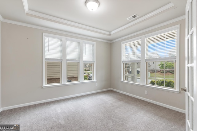 spare room featuring crown molding, visible vents, a raised ceiling, and carpet