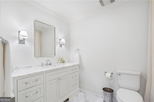 1305 Old Woodbine Rd, Atlanta, GA 30319 - bathroom with visible vents, toilet, crown molding, vanity, and marble finish floor