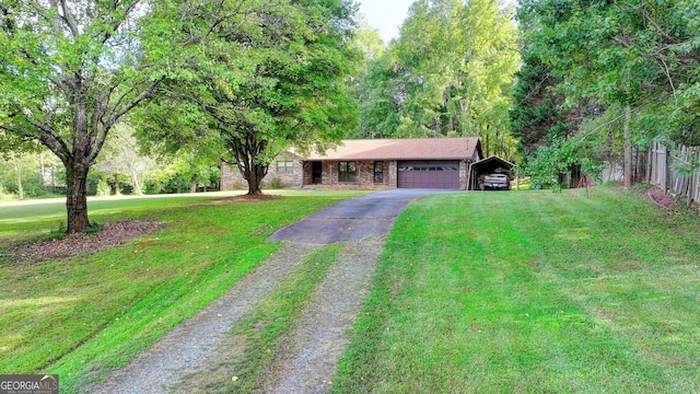 5680 Abbotts Bridge Rd, Johns Creek, GA 30097 - ranch-style house with an attached garage, aphalt driveway, and a front lawn