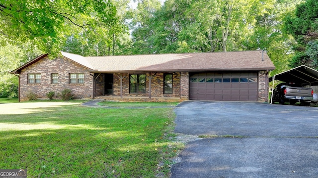 5680 Abbotts Bridge Rd, Johns Creek, GA 30097 - ranch-style house with aphalt driveway, a garage, a front lawn, and brick siding