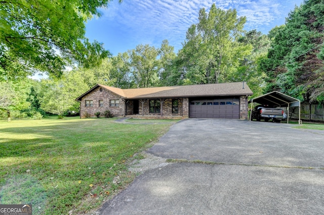 5680 Abbotts Bridge Rd, Johns Creek, GA 30097 - single story home featuring aphalt driveway, a detached carport, stone siding, a front lawn, and a garage