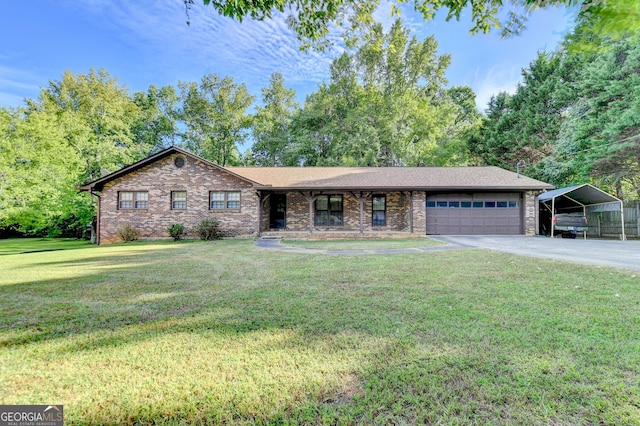 5680 Abbotts Bridge Rd, Johns Creek, GA 30097 - ranch-style house with a carport, a front yard, brick siding, an attached garage, and driveway