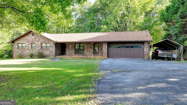 5680 Abbotts Bridge Rd, Johns Creek, GA 30097 - single story home featuring a front yard, a garage, aphalt driveway, a detached carport, and brick siding
