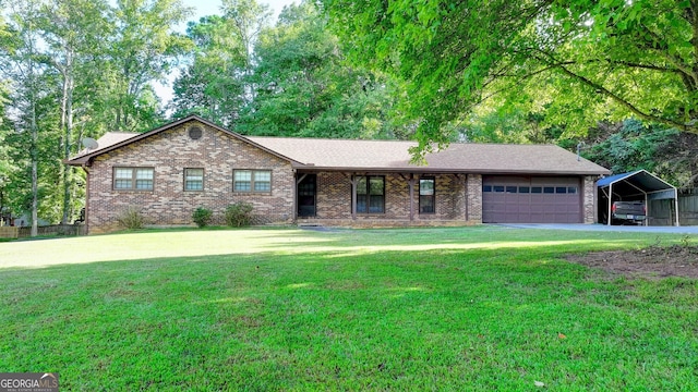 5680 Abbotts Bridge Rd, Johns Creek, GA 30097 - ranch-style home with roof with shingles, a front yard, brick siding, a garage, and driveway