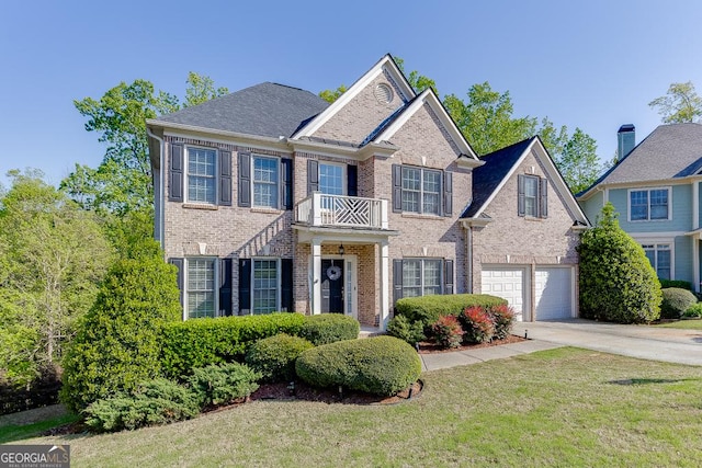view of front facade with a garage, brick siding, a front lawn, a balcony, and driveway