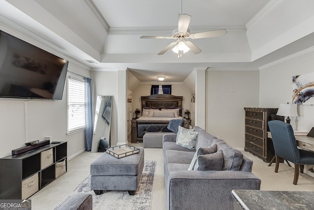 living room featuring light carpet, ceiling fan, crown molding, and a raised ceiling