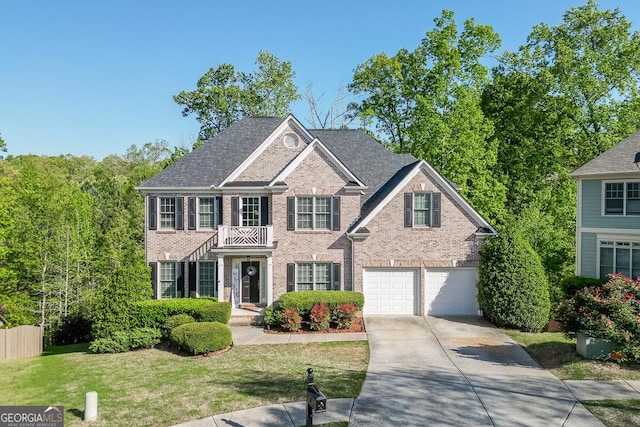 colonial-style house featuring fence, a front lawn, brick siding, an attached garage, and concrete driveway