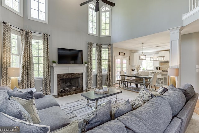 living area with a high ceiling and a wealth of natural light
