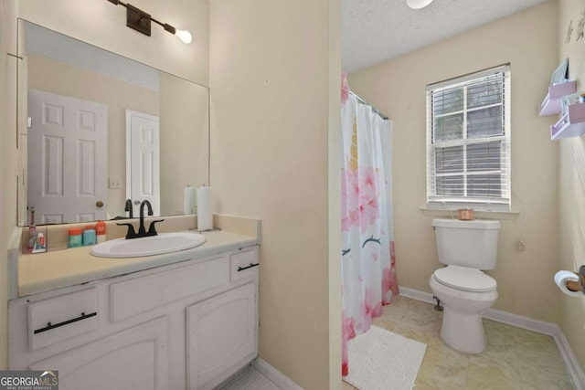 full bath with a shower with shower curtain, vanity, baseboards, tile patterned floors, and toilet