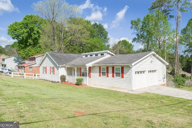 single story home with a porch, driveway, a front yard, and a garage