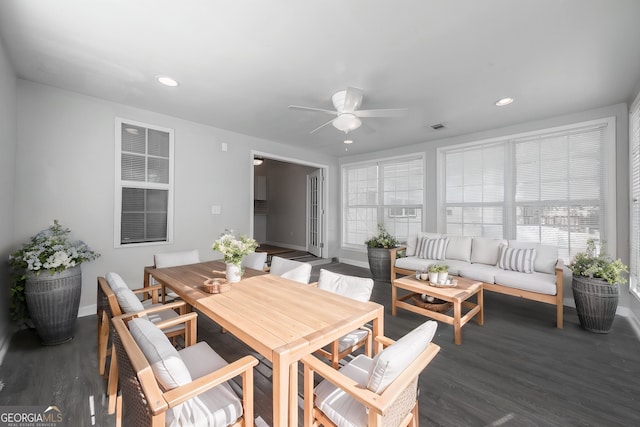 dining space featuring baseboards, wood finished floors, recessed lighting, and ceiling fan