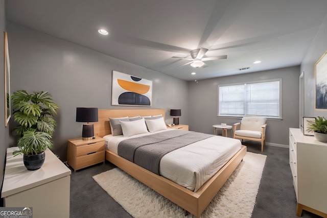 bedroom featuring visible vents, dark carpet, recessed lighting, and ceiling fan