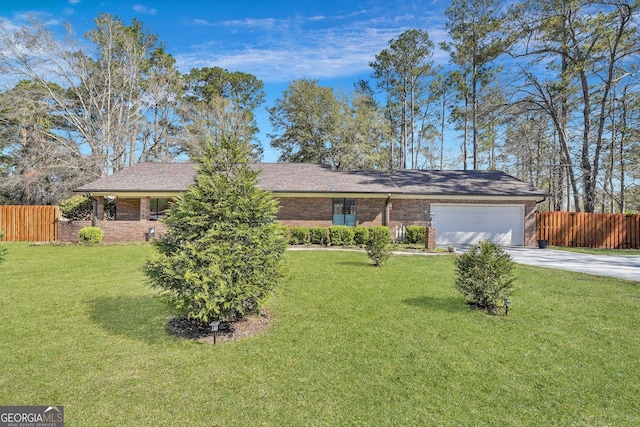 single story home featuring concrete driveway, a garage, fence, and a front yard