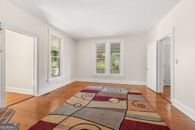 interior space with ornamental molding, wood-type flooring, and a wealth of natural light