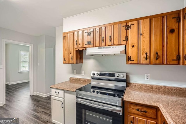 1105 S Parkwood Dr, Forest Park, GA 30297 - kitchen with stainless steel range with electric stovetop, under cabinet range hood, dark wood-style floors, and brown cabinets