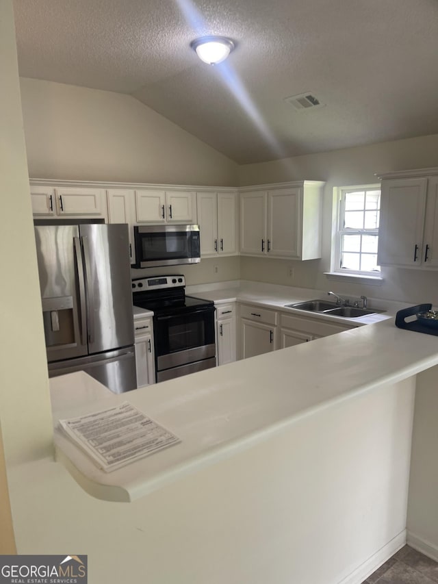 460 Mckneely Rd, Griffin, GA 30224 - kitchen featuring stainless steel appliances, a sink, white cabinets, lofted ceiling, and light countertops