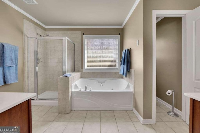 full bathroom featuring tile patterned flooring, vanity, crown molding, and a stall shower