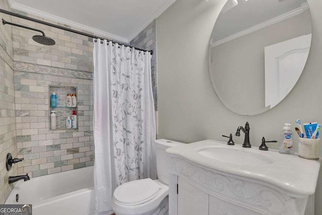 bathroom featuring toilet, shower / bathtub combination with curtain, vanity, and ornamental molding