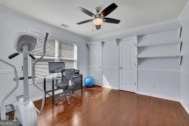 office area featuring crown molding, visible vents, and a ceiling fan