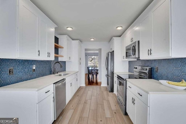kitchen featuring white cabinetry, a sink, open shelves, and stainless steel appliances