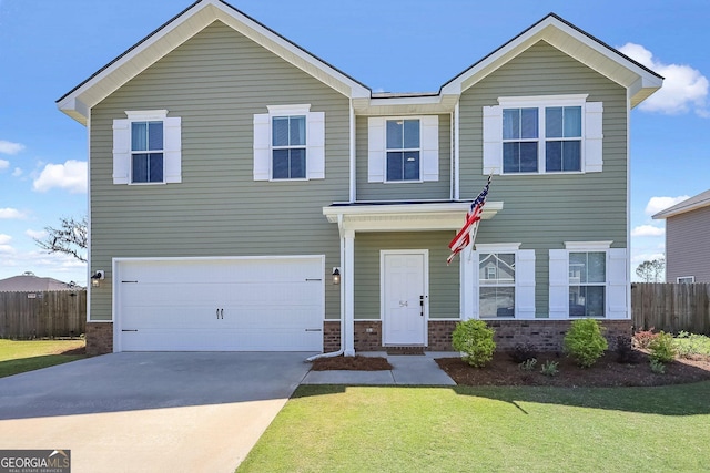 view of front of house featuring a front yard, a garage, fence, brick siding, and driveway