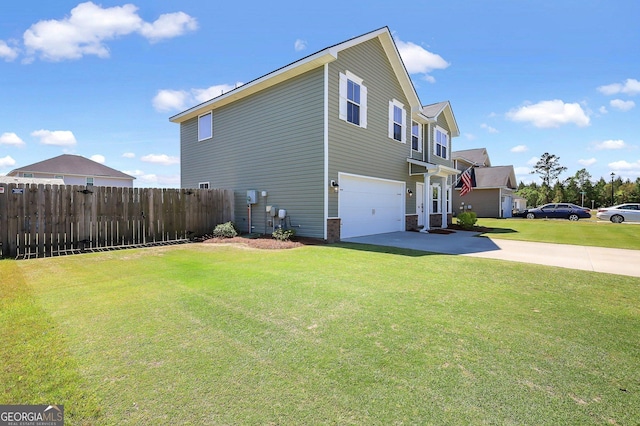 view of property exterior with a garage, driveway, fence, and a lawn