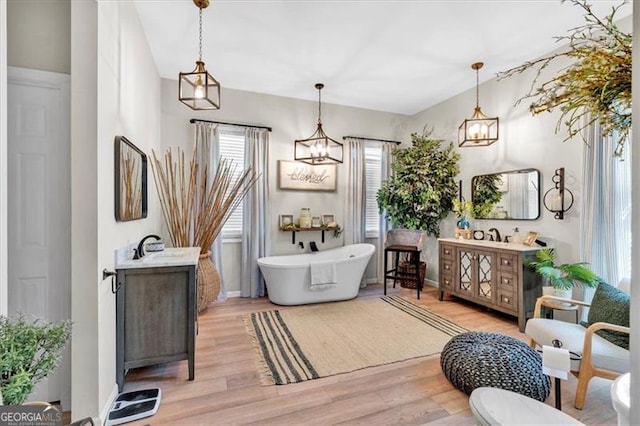 bathroom featuring a freestanding tub, vanity, and wood finished floors