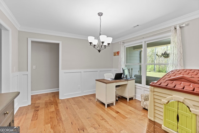 75 Flagstone Dr, Newnan, GA 30263 - home office with crown molding, a chandelier, light wood-style floors, wainscoting, and a decorative wall
