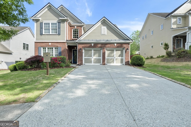 view of front of home featuring brick siding, an attached garage, driveway, and a front lawn