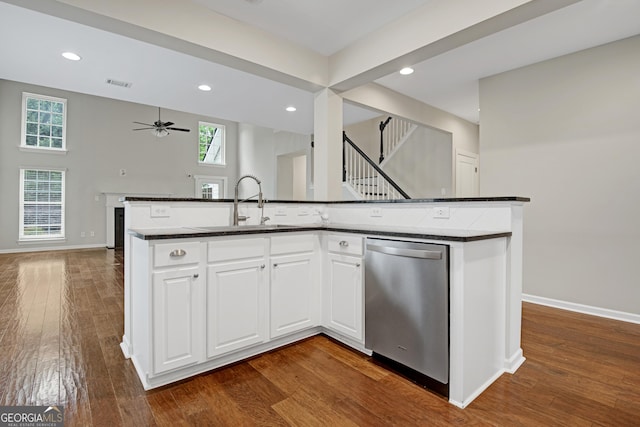 kitchen with stainless steel dishwasher, a wealth of natural light, a sink, dark wood finished floors, and ceiling fan