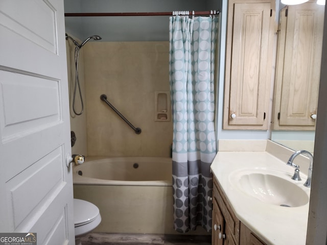 bathroom featuring shower / tub combo, toilet, vanity, and wood finished floors
