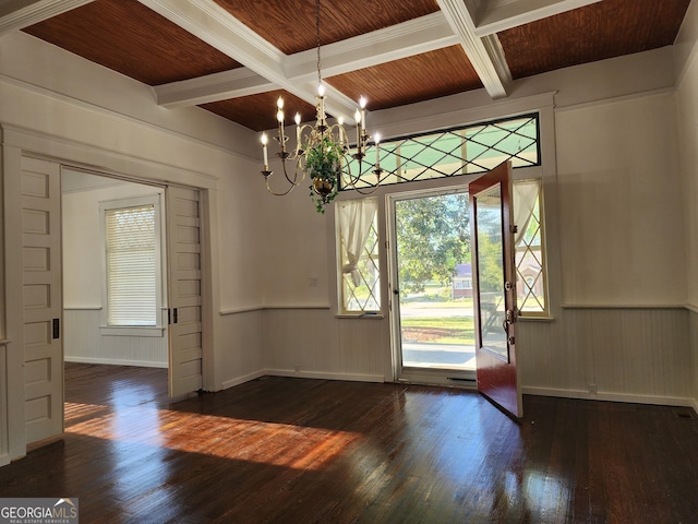 unfurnished dining area featuring wainscoting, dark wood finished floors, a notable chandelier, and beam ceiling