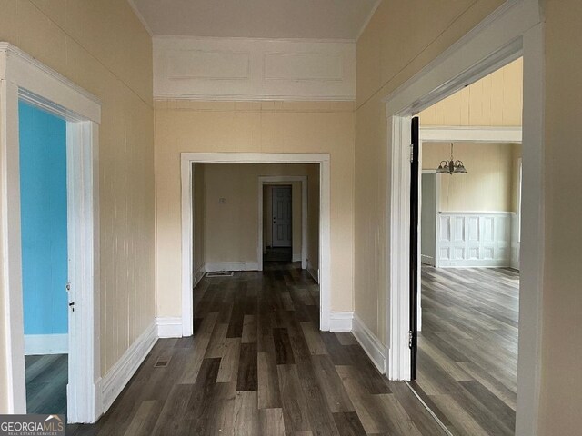 hallway featuring crown molding, a decorative wall, baseboards, and dark wood finished floors