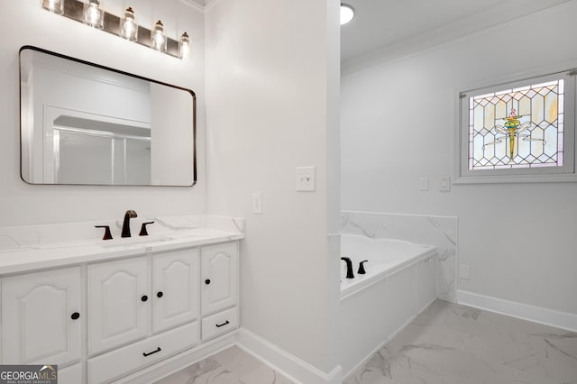 bathroom with marble finish floor, baseboards, ornamental molding, and vanity
