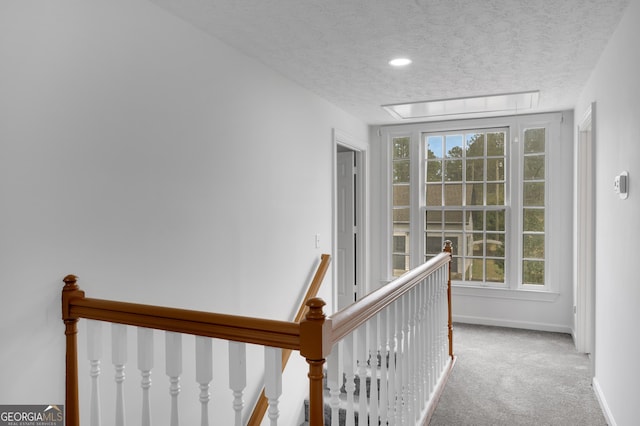 hallway with a wealth of natural light, carpet, a textured ceiling, and attic access