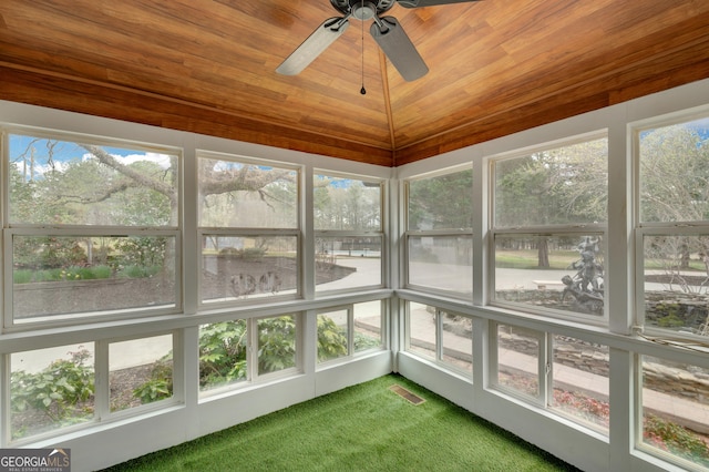 unfurnished sunroom with a healthy amount of sunlight, visible vents, wooden ceiling, and lofted ceiling