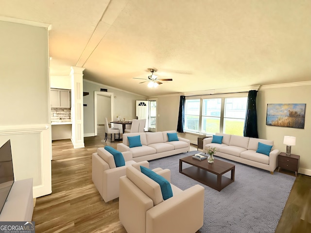 750 Six Flags Rd Lot 417, Austell, GA 30168 - living area with ornamental molding, a ceiling fan, wood finished floors, decorative columns, and baseboards