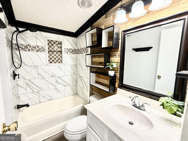 750 Six Flags Rd Lot 417, Austell, GA 30168 - full bathroom with a textured ceiling, vanity, toilet, vaulted ceiling, and washtub / shower combination