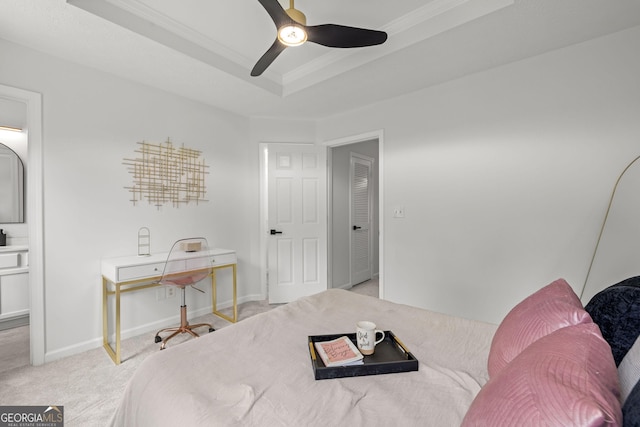 112 Timber Mist Ln, Lawrenceville, GA 30045 - bedroom featuring baseboards, ornamental molding, a ceiling fan, carpet, and a tray ceiling
