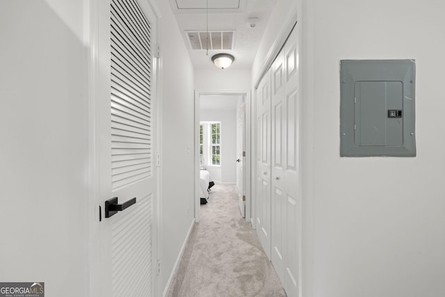 112 Timber Mist Ln, Lawrenceville, GA 30045 - corridor with visible vents, electric panel, attic access, carpet flooring, and baseboards