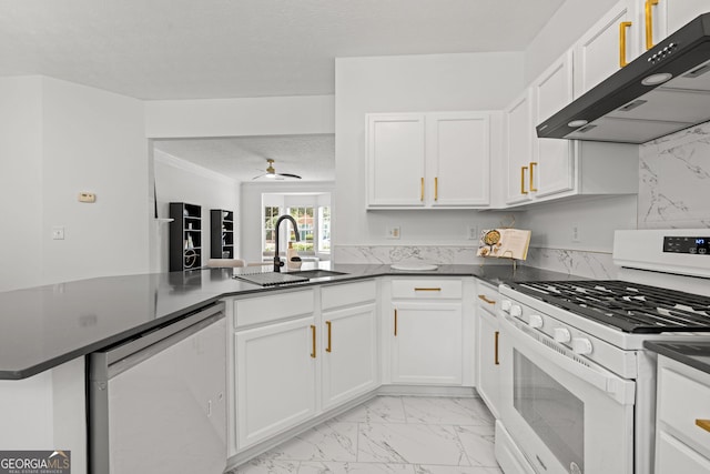 112 Timber Mist Ln, Lawrenceville, GA 30045 - kitchen with dishwasher, dark countertops, under cabinet range hood, marble finish floor, and white gas range oven