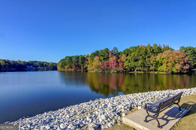 view of dock featuring a water view and a forest view