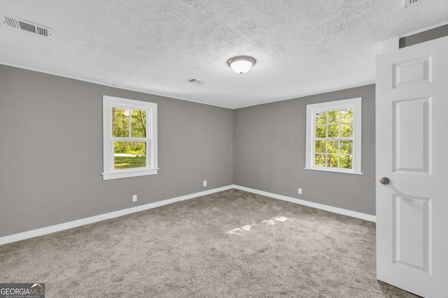 unfurnished room featuring plenty of natural light, carpet, a textured ceiling, and baseboards