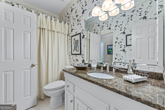6140 Rachel Rdg, Peachtree Corners, GA 30092 - full bathroom with wallpapered walls, tile patterned floors, toilet, a chandelier, and vanity