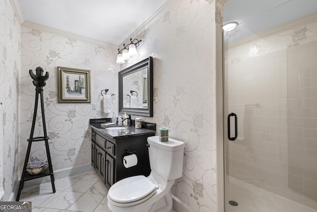 6140 Rachel Rdg, Peachtree Corners, GA 30092 - bathroom with crown molding, toilet, a stall shower, baseboards, and wallpapered walls