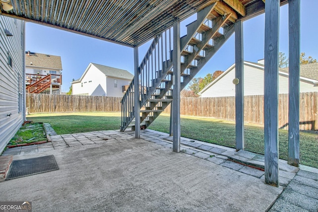 view of patio / terrace featuring stairway and a fenced backyard