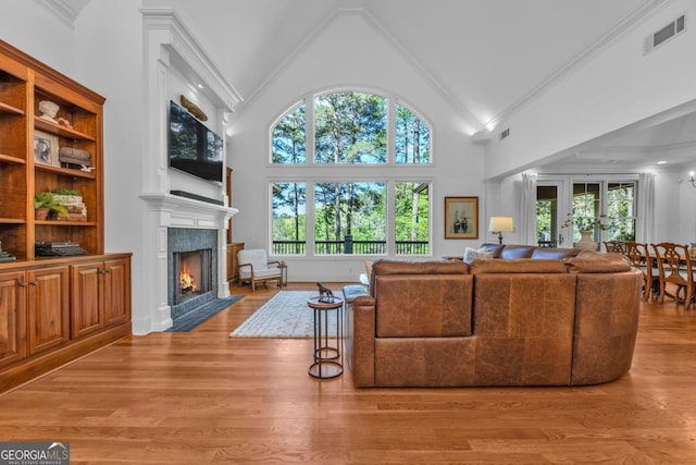 1021 Homestead, Greensboro, GA 30642 - living area featuring a fireplace with flush hearth, plenty of natural light, light wood finished floors, high vaulted ceiling, and ornamental molding