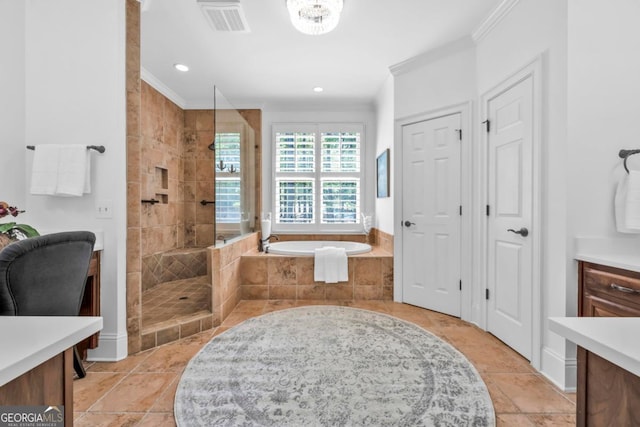 1021 Homestead, Greensboro, GA 30642 - full bath with crown molding, walk in shower, a bath, recessed lighting, and vanity