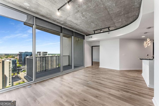 spare room with floor to ceiling windows, baseboards, wood finished floors, and track lighting